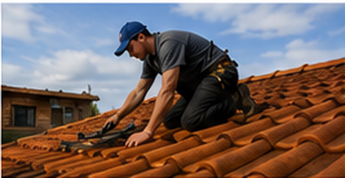 Artisan couvreur travaillant sur une toiture à Abzac